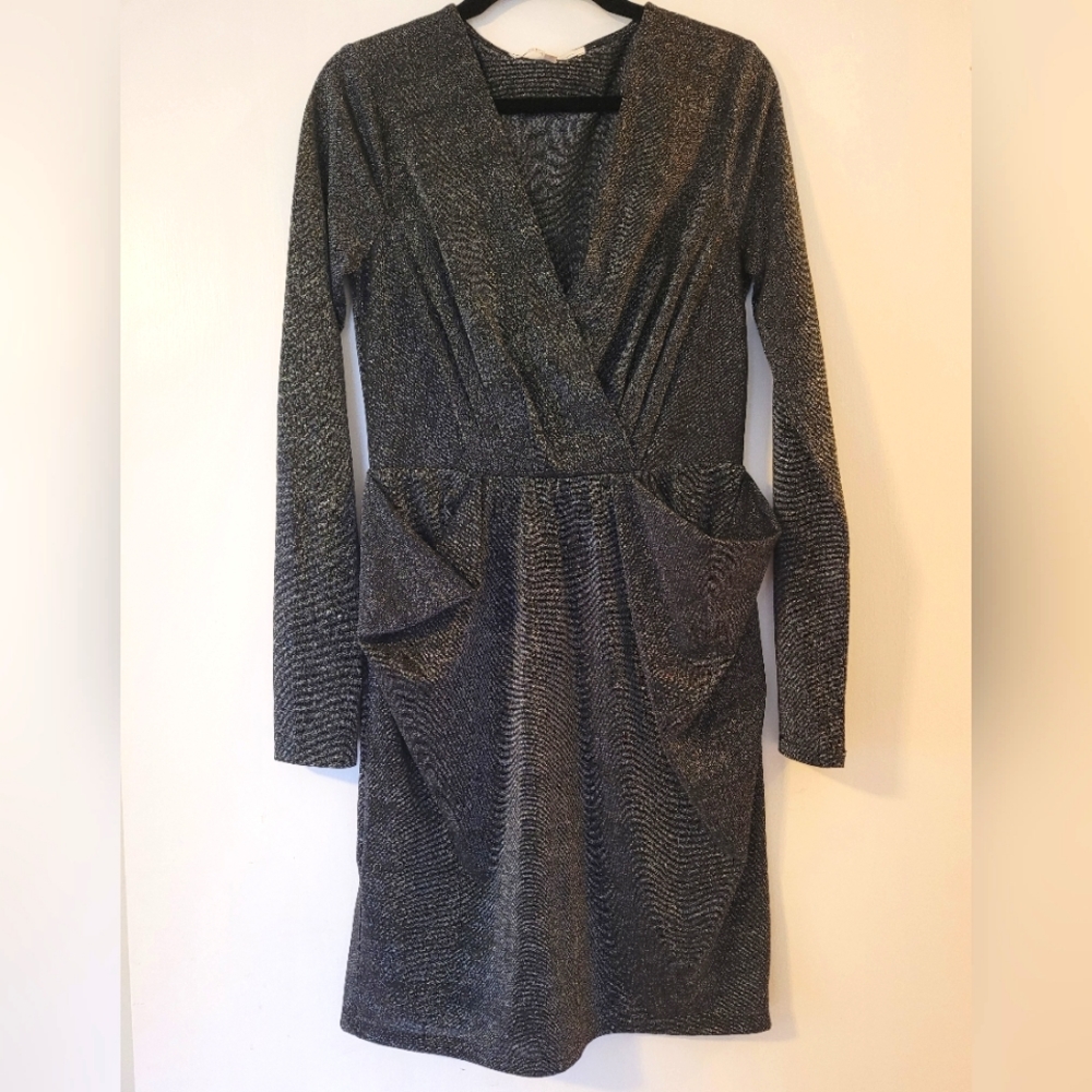 BCBGeneration silver metallic long sleeve faux wrap dress size XS